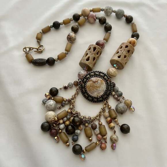 Genuine Gemstone Jasper Mixed Beaded Statement Costume Artisan Estate Necklace - Picture 1 of 12
